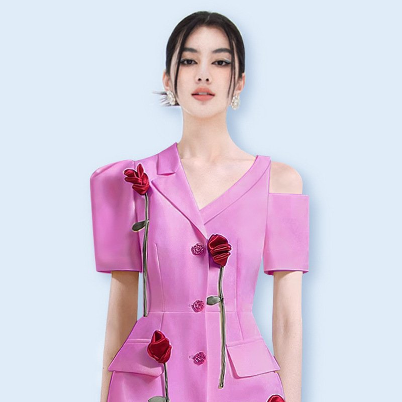 Three-dimensional Rose dress Summer asymmetrical off-the-shoulder commuter suit dress