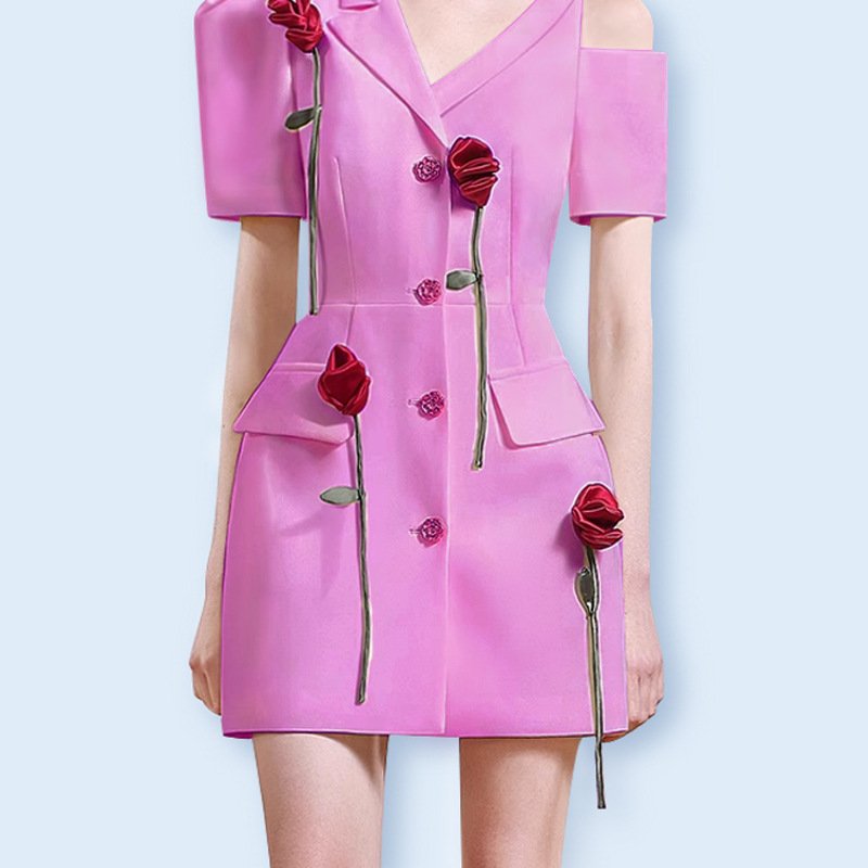 Three-dimensional Rose dress Summer asymmetrical off-the-shoulder commuter suit dress