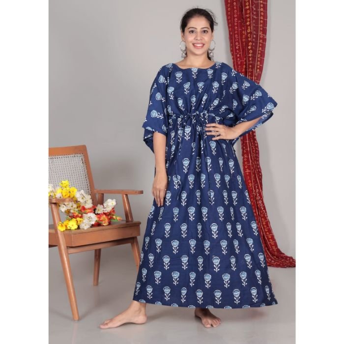 Cotton Kaftan Traditional Islamic Hand Block Print Embroidery Free Size Long Dress Kaftan for Muslim Women Casual Wear Dress