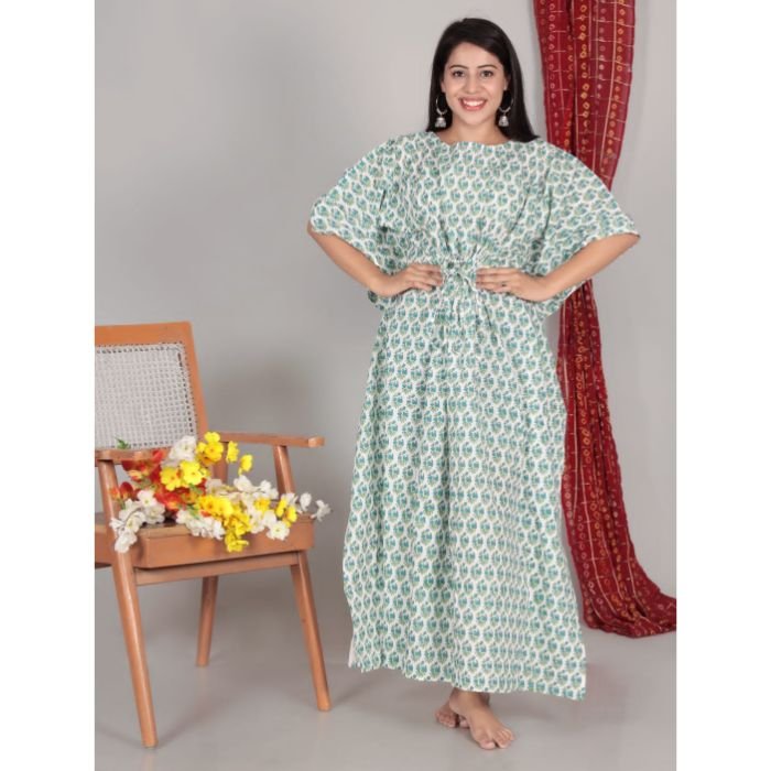 Cotton Kaftan Traditional Islamic Hand Block Print Embroidery Free Size Long Dress Kaftan for Muslim Women Casual Wear Dress