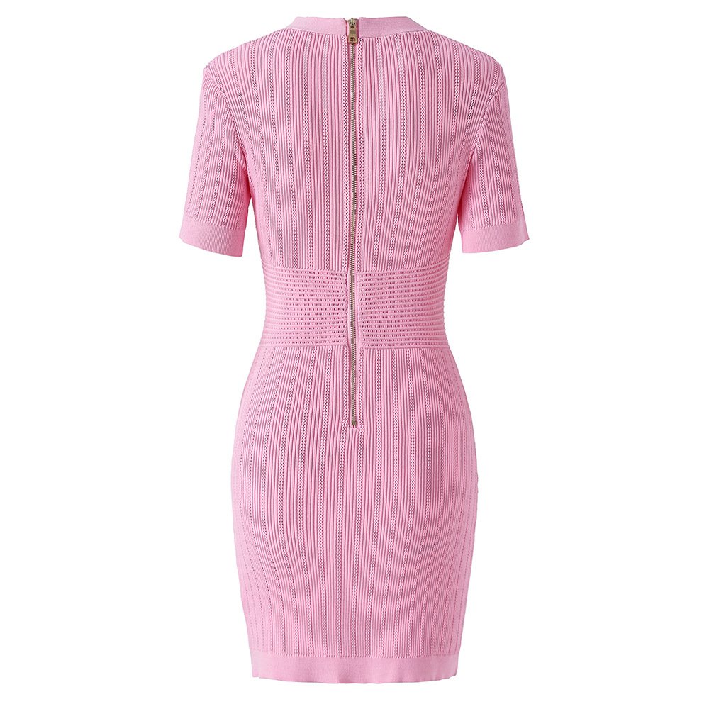 2024 new arrivals deep V neck design short sleeve gold button dress women casual summer knit dress