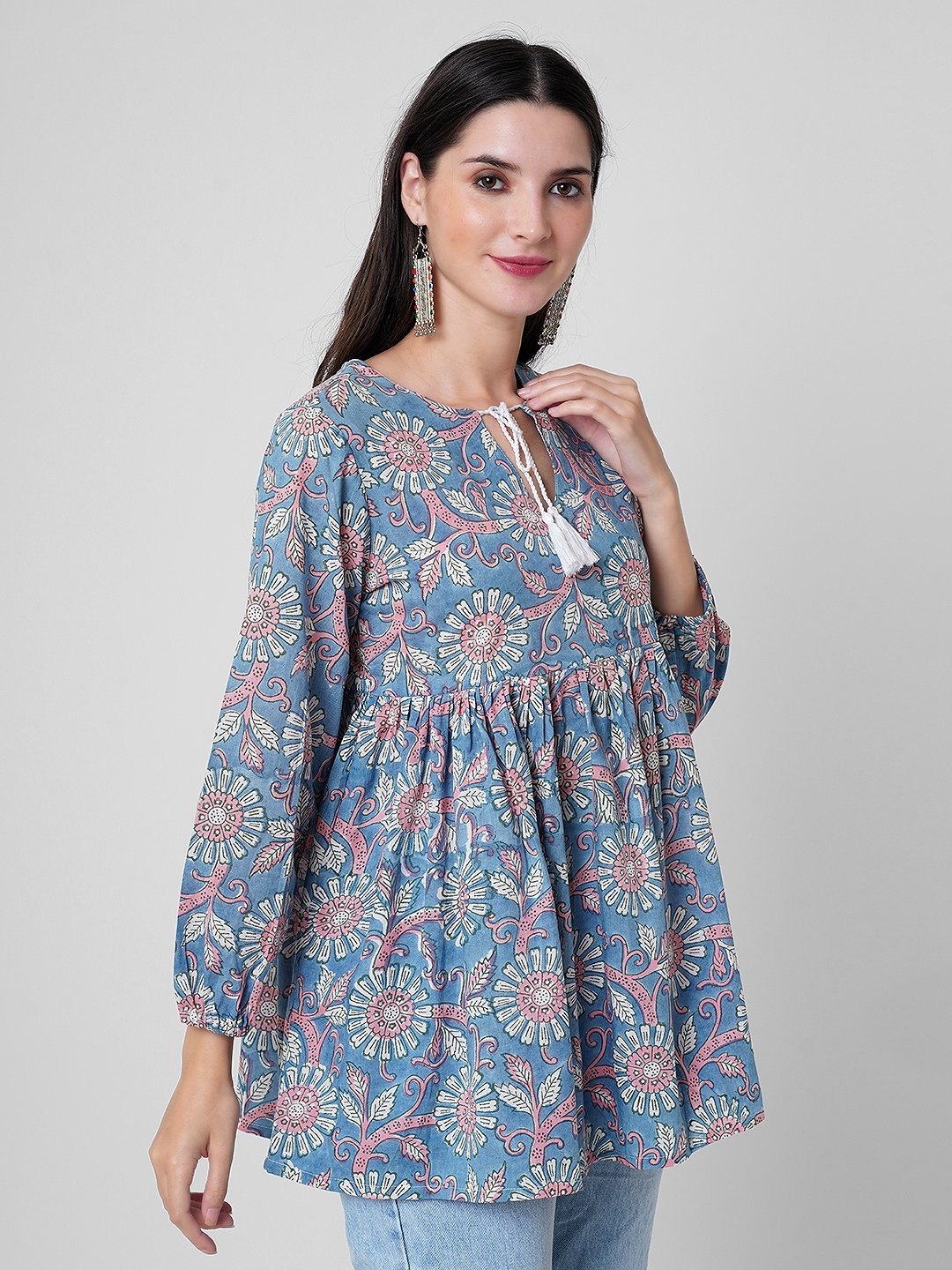 Floral Printed Maxi Dresses Garments Wear Crop Tops Short Dress Full Sleeves Dress Handmade Block Printed Fabrics Making Garment