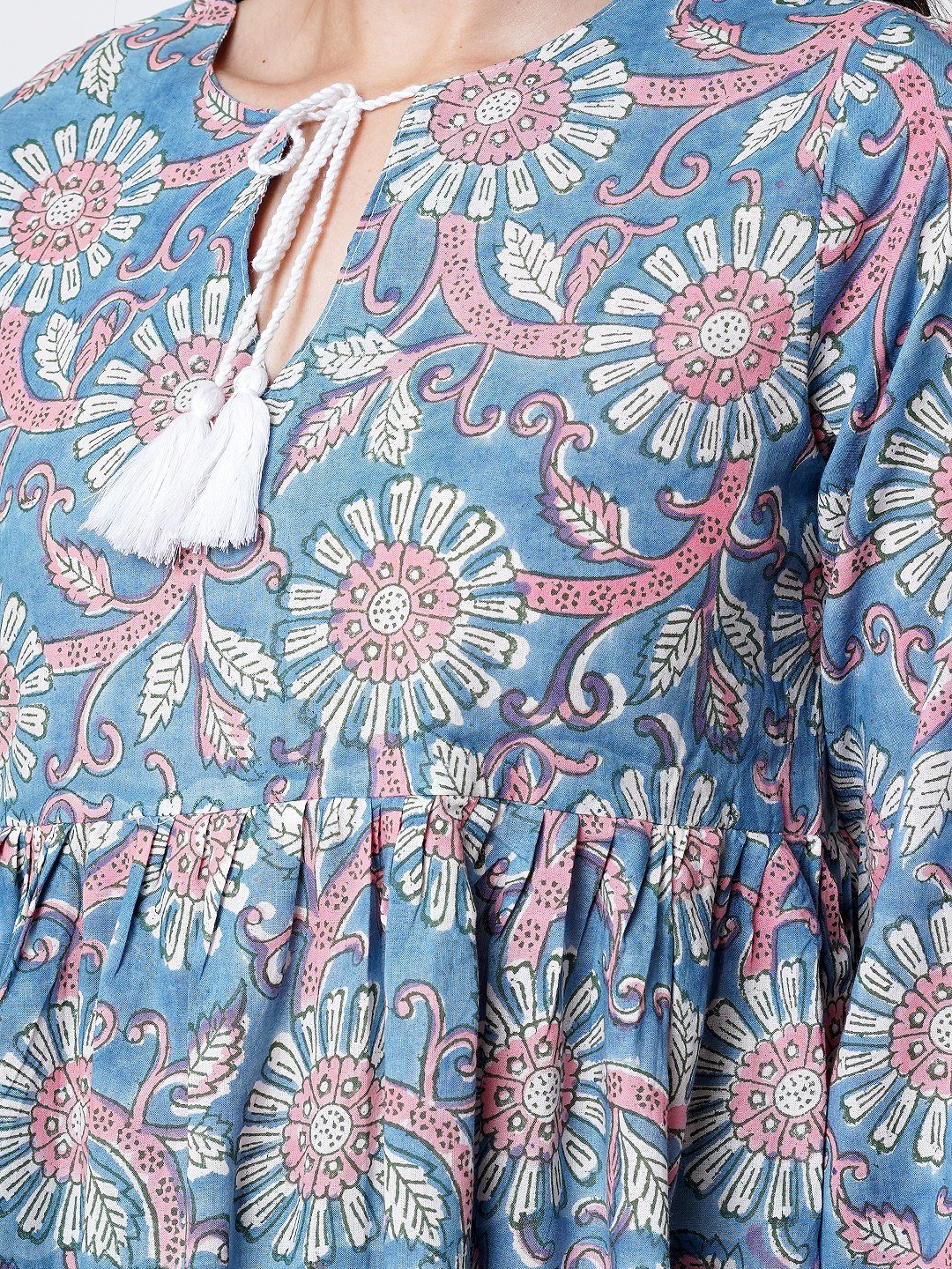 Floral Printed Maxi Dresses Garments Wear Crop Tops Short Dress Full Sleeves Dress Handmade Block Printed Fabrics Making Garment