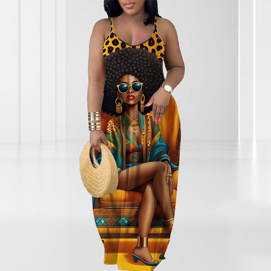 Oversized Women African Woman Pattern Printed Maxi Dress Summer Loose Long Floor Length Beach Dress Women Casual Dress