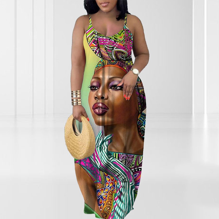 Oversized Women African Woman Pattern Printed Maxi Dress Summer Loose Long Floor Length Beach Dress Women Casual Dress
