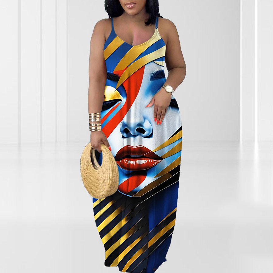 Oversized Women African Woman Pattern Printed Maxi Dress Summer Loose Long Floor Length Beach Dress Women Casual Dress