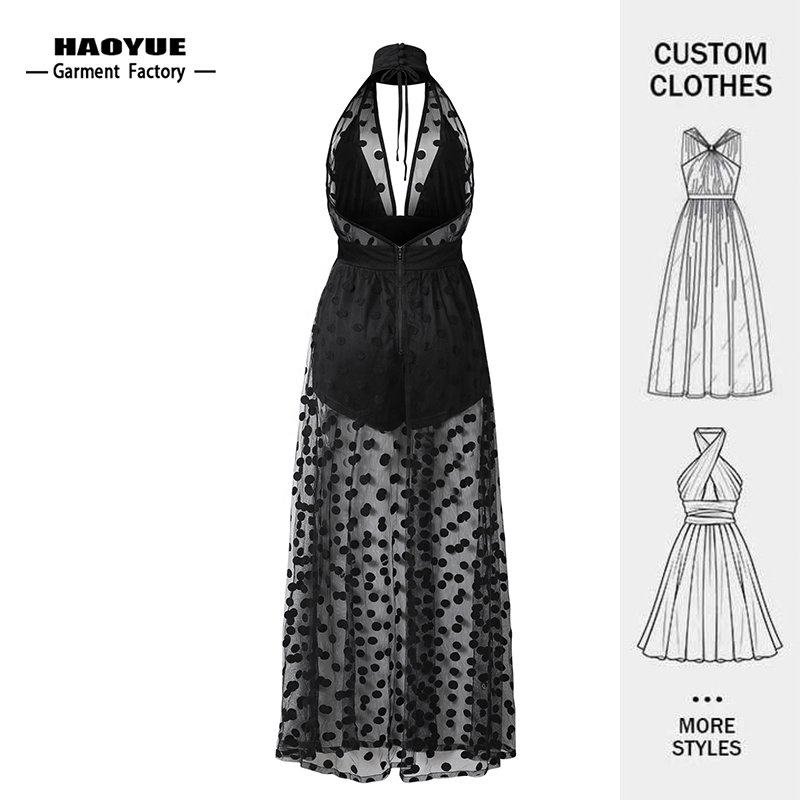 Europe and United States Gauze Polka Dot Hanging Neck Casual Dresses Custom Low Cut Halter Slim Sleeveless Evening Dress
