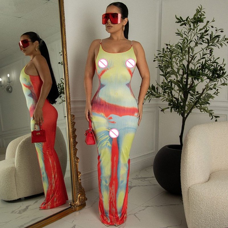 2023 Summer Sexy Sleeveless Backless Women Maxi Dress ladies purpul green 3d naked body cone Casual Dress with full body print