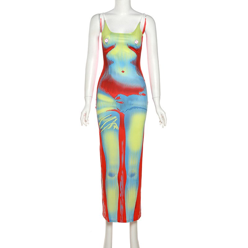 2023 Summer Sexy Sleeveless Backless Women Maxi Dress ladies purpul green 3d naked body cone Casual Dress with full body print