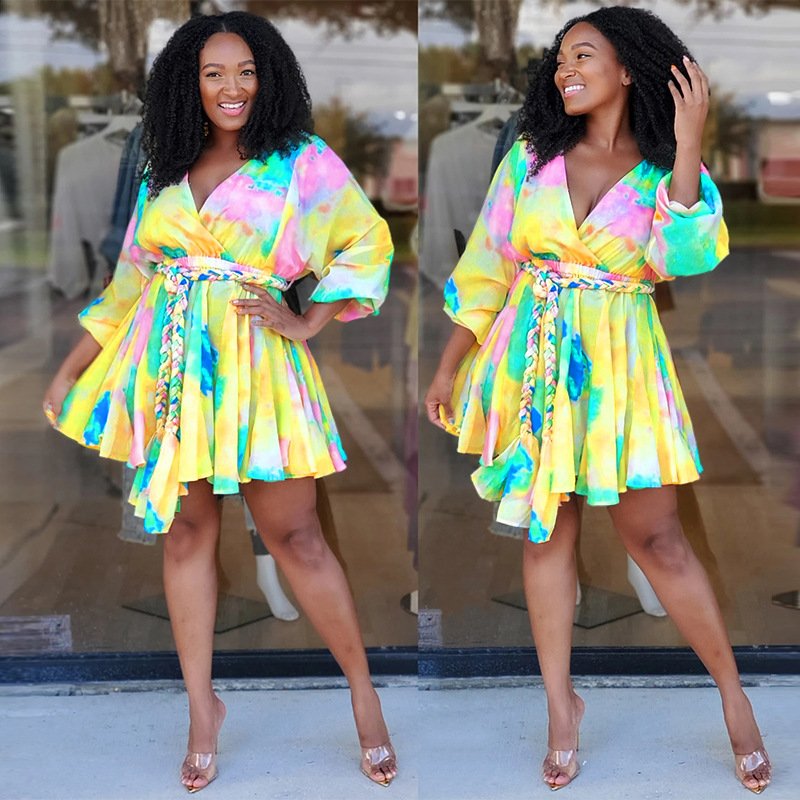 2021 new arrival v-nect Long Sleeve floral loose women sexy a line plus size casual dress plus size women clothing