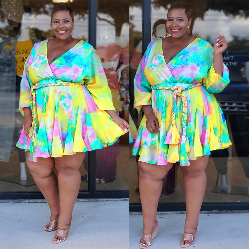 2021 new arrival v-nect Long Sleeve floral loose women sexy a line plus size casual dress plus size women clothing