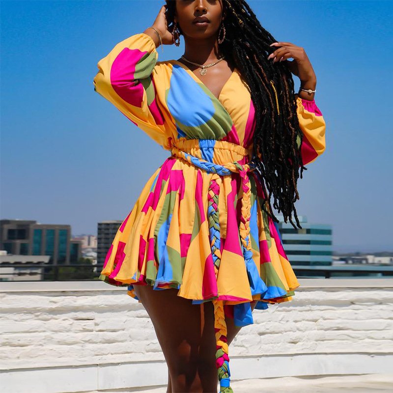 2021 new arrival v-nect Long Sleeve floral loose women sexy a line plus size casual dress plus size women clothing
