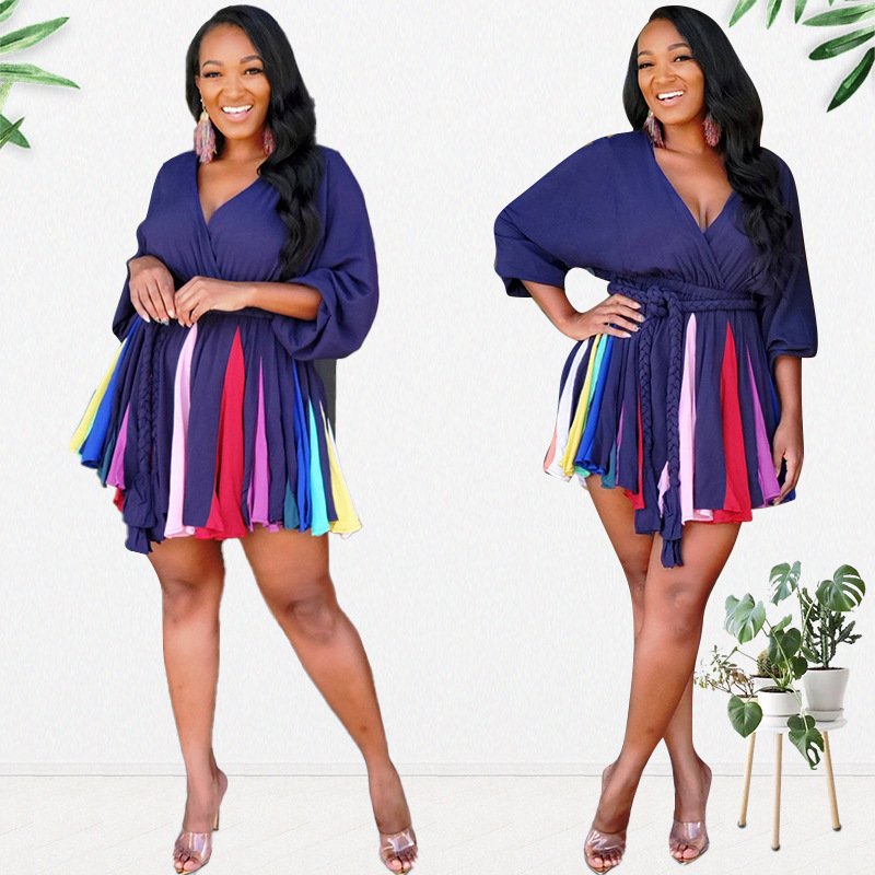 2021 new arrival v-nect Long Sleeve floral loose women sexy a line plus size casual dress plus size women clothing