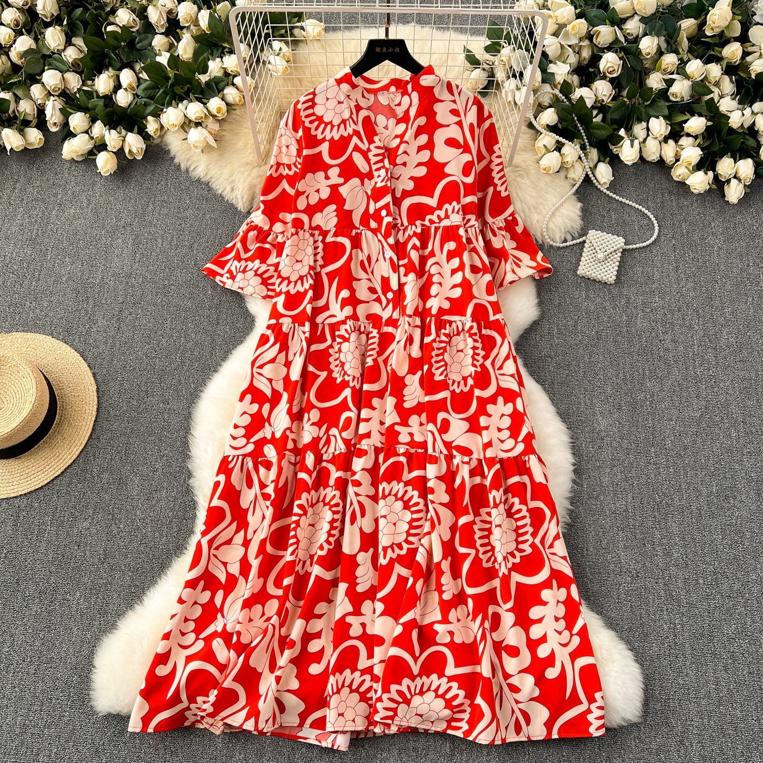 French retro style high-end floral dress for women in autumn with bubble sleeves waistband dress
