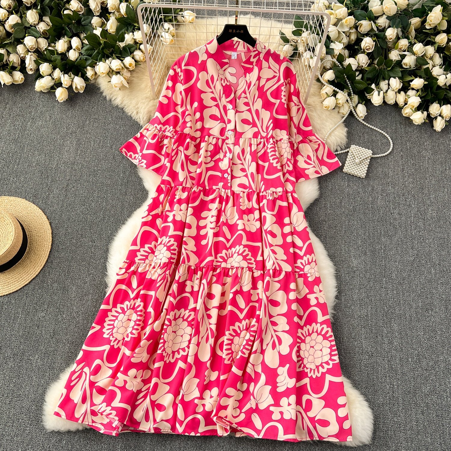 French retro style high-end floral dress for women in autumn with bubble sleeves waistband dress