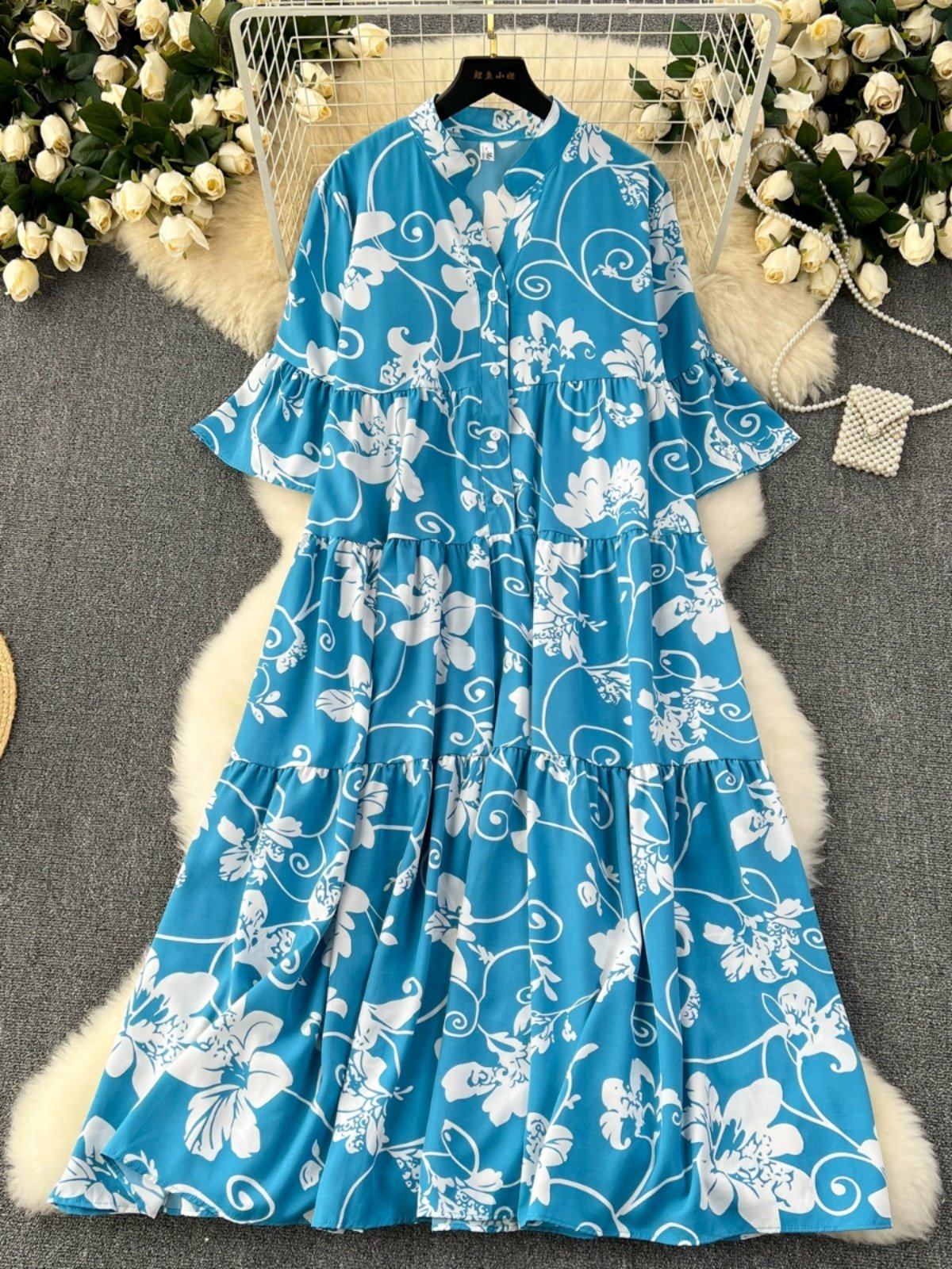 French retro style high-end floral dress for women in autumn with bubble sleeves waistband dress