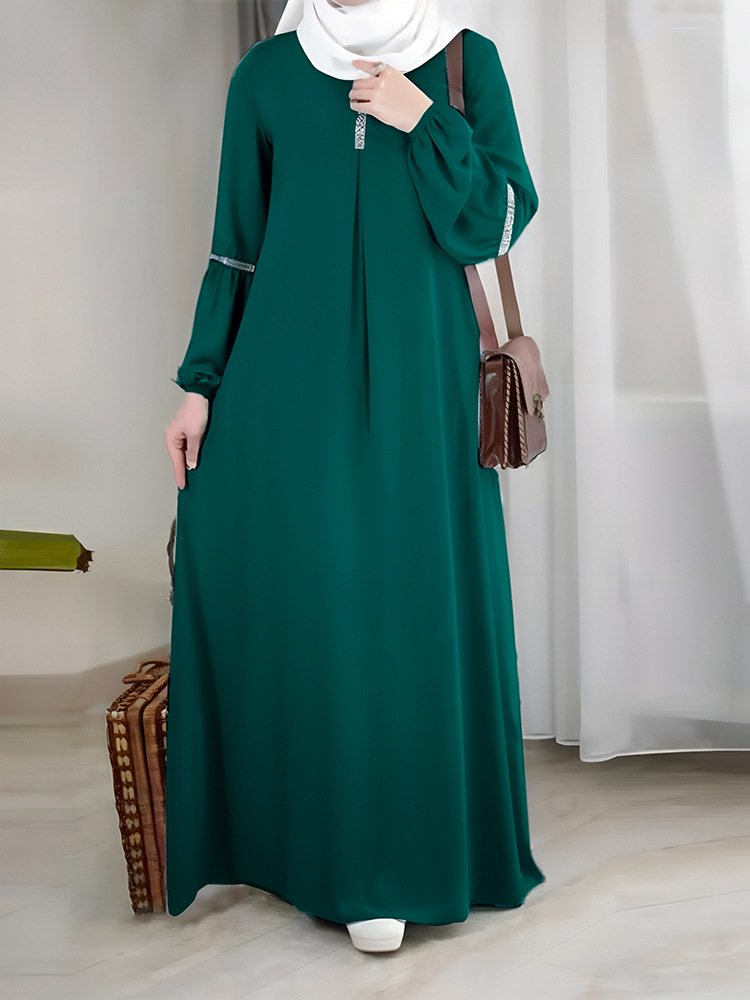 Fashion Casual Sequin Sundress Solid Party Holiday Vestido Long Sleeve Islamic Women Muslim Abaya Dress