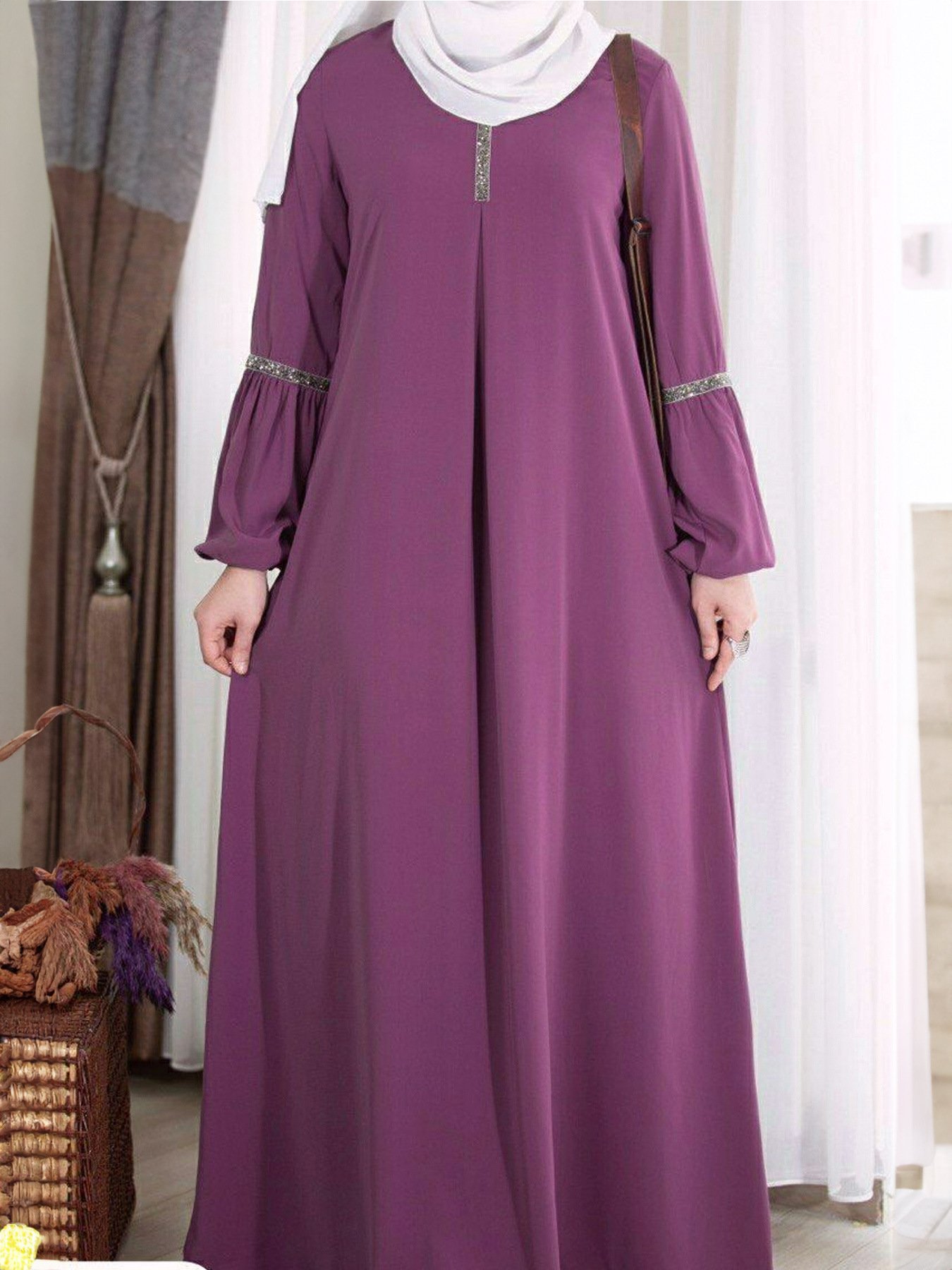 Fashion Casual Sequin Sundress Solid Party Holiday Vestido Long Sleeve Islamic Women Muslim Abaya Dress