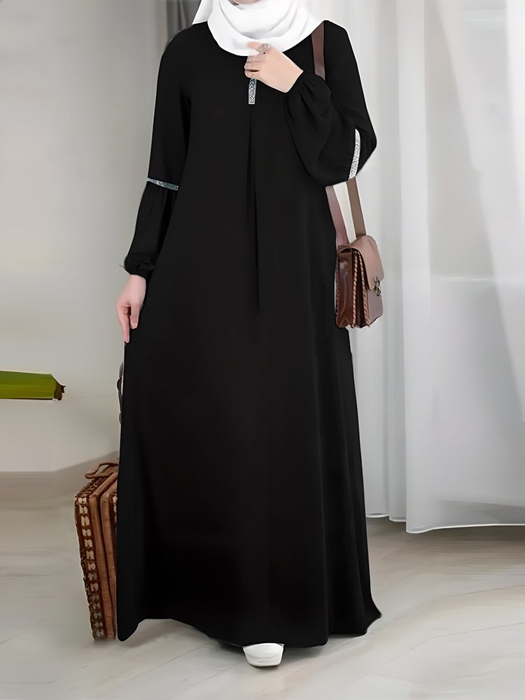 Fashion Casual Sequin Sundress Solid Party Holiday Vestido Long Sleeve Islamic Women Muslim Abaya Dress