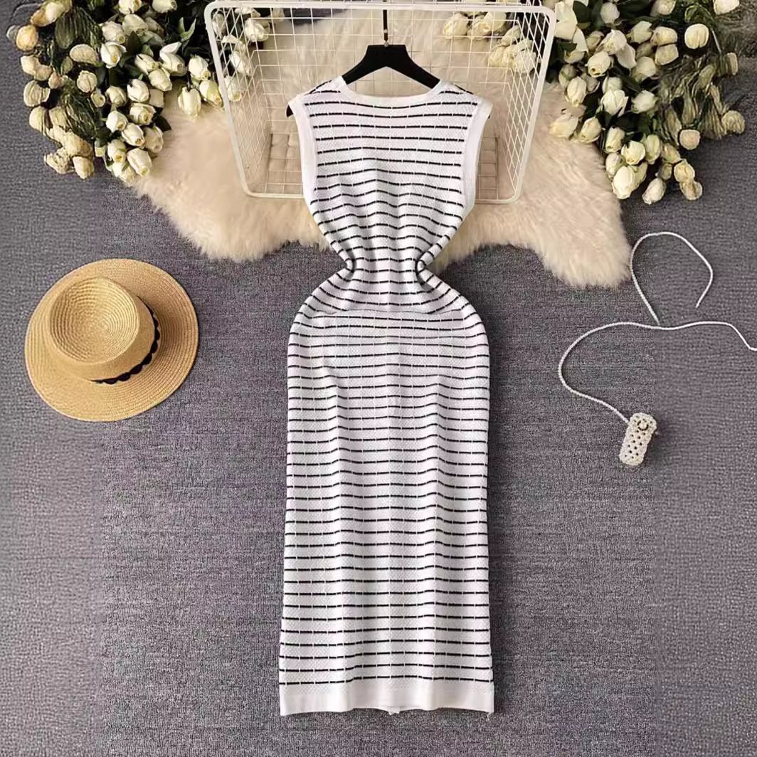 wholesale summer ladies elegant casual dress women v-neck sleeveless striped knitted dress