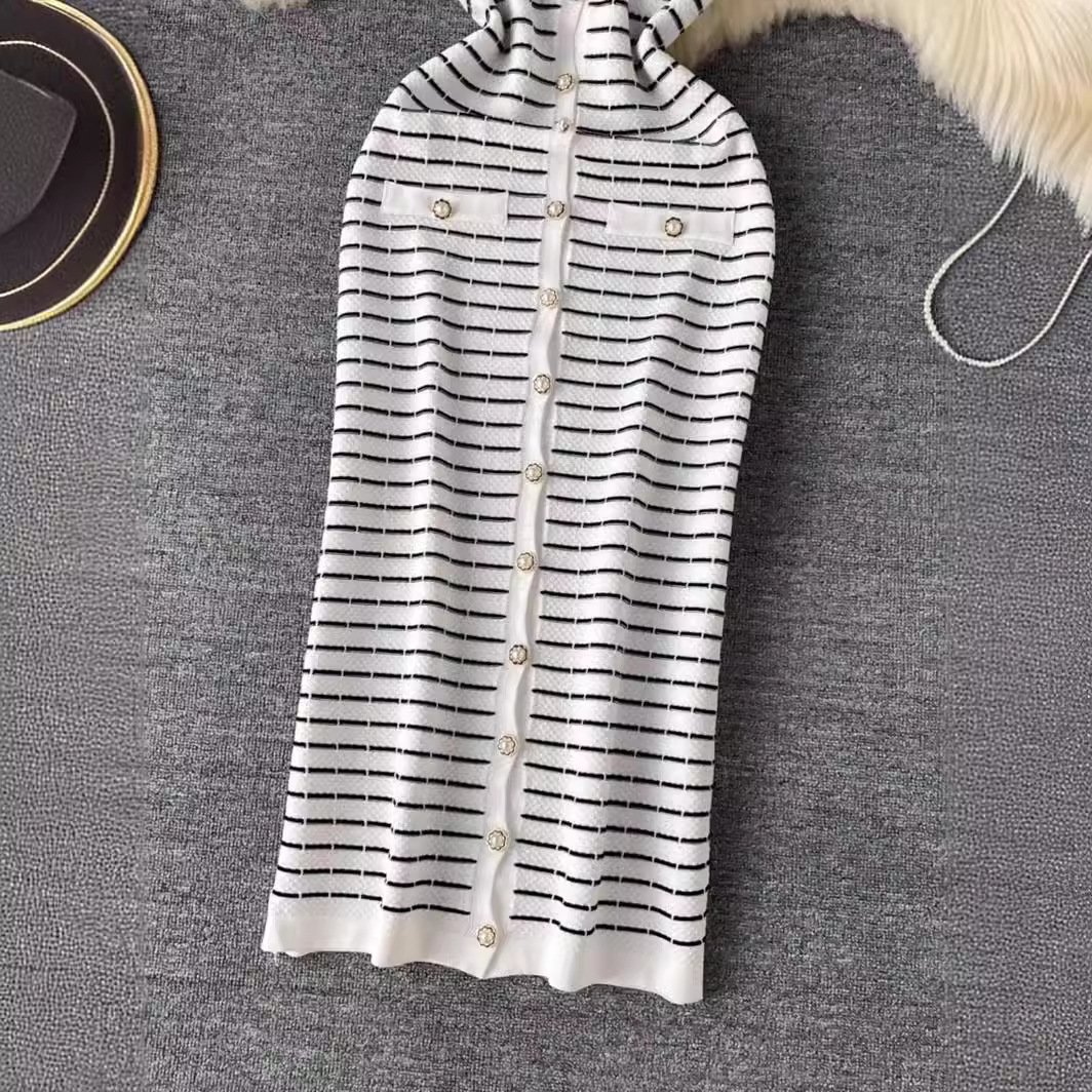 wholesale summer ladies elegant casual dress women v-neck sleeveless striped knitted dress