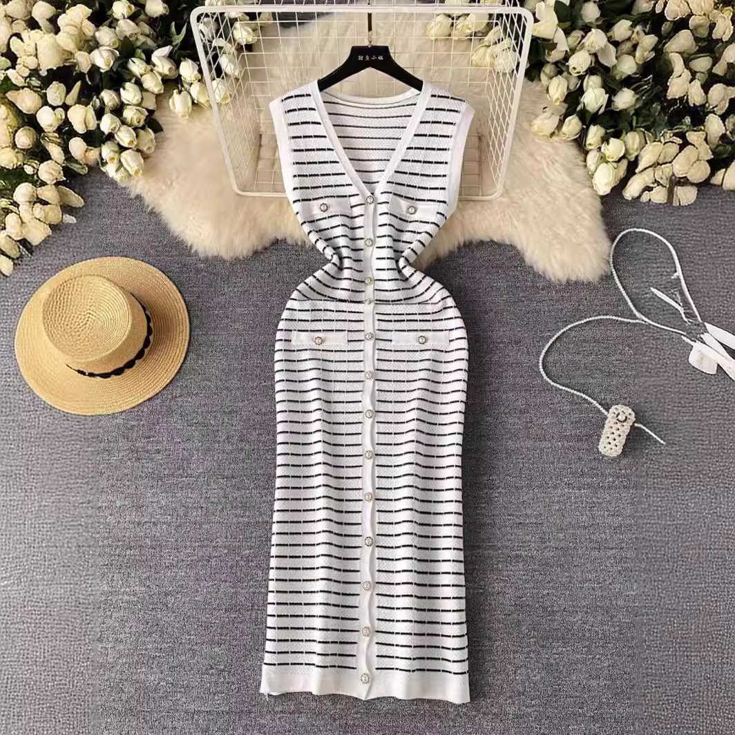 wholesale summer ladies elegant casual dress women v-neck sleeveless striped knitted dress
