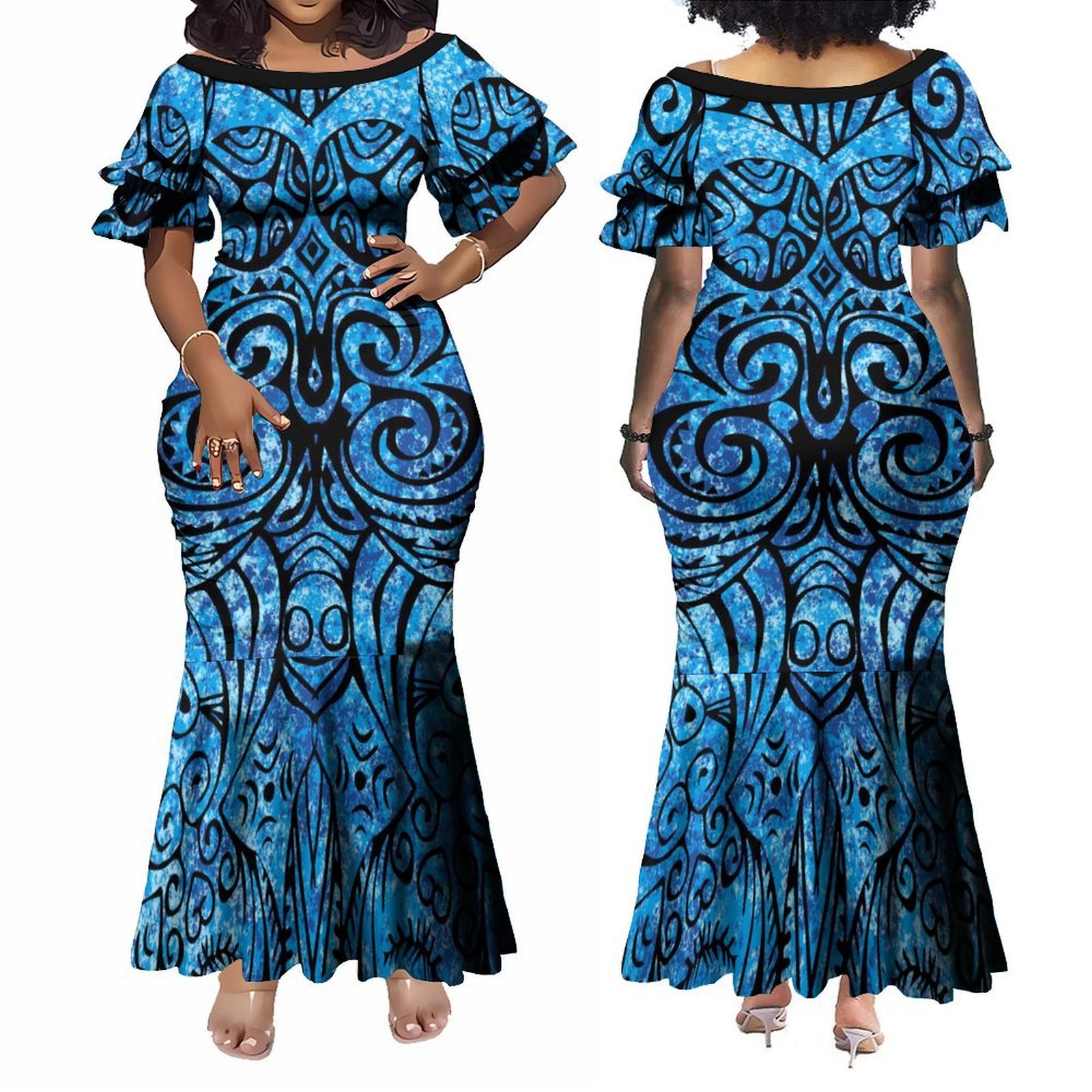 New Pacific Island Design Dresses Women Lady Elegant Petal Sleeve Maxi Mermaid Dress Custom Plus Size Fishtail Evening Dresses