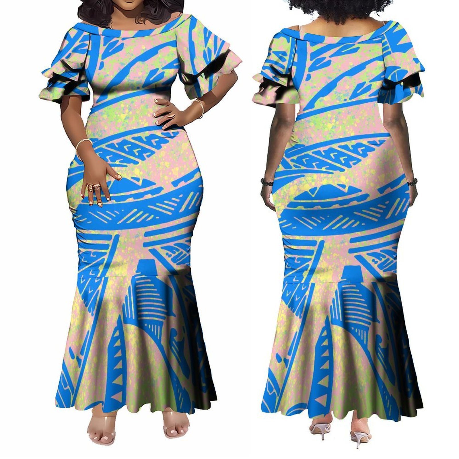 New Pacific Island Design Dresses Women Lady Elegant Petal Sleeve Maxi Mermaid Dress Custom Plus Size Fishtail Evening Dresses
