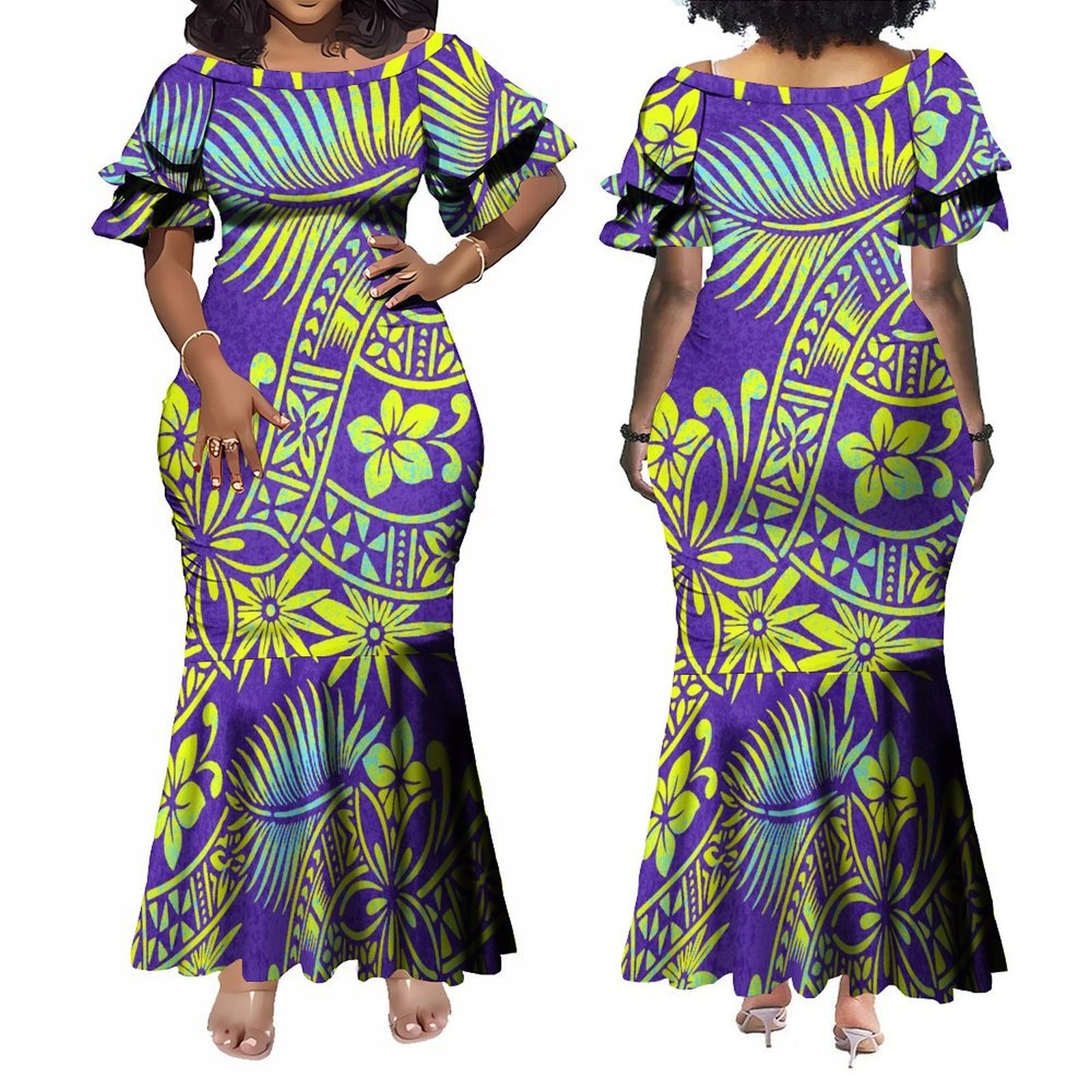 New Pacific Island Design Dresses Women Lady Elegant Petal Sleeve Maxi Mermaid Dress Custom Plus Size Fishtail Evening Dresses