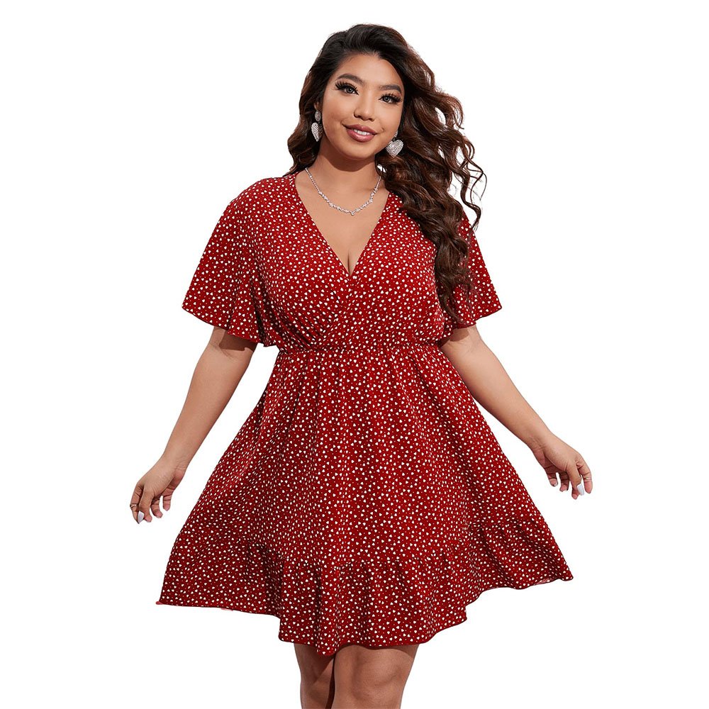 2023 Summer Women Plus Size Floral Print Swing Mini Wrap Dress Casual Loose Fit Swing Sweet Flowy Aline Cute Sweet V Sexy Ruffle