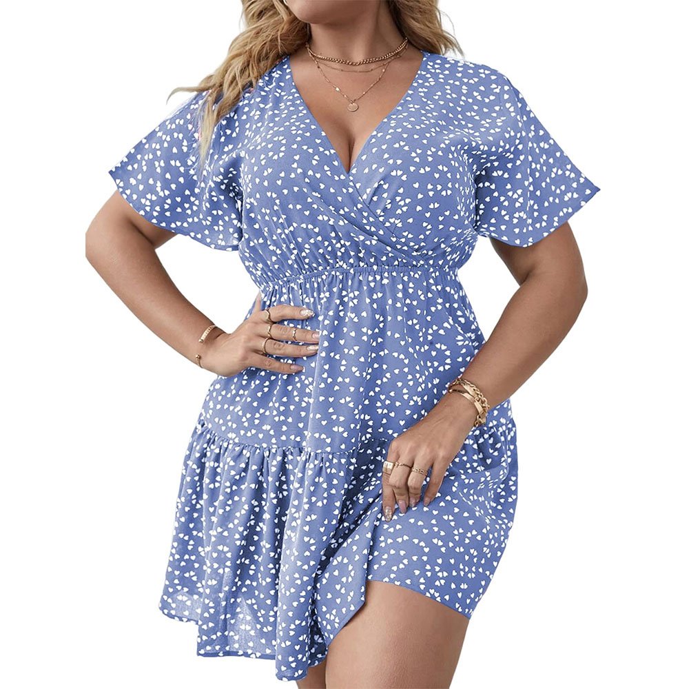 2023 Summer Women Plus Size Floral Print Swing Mini Wrap Dress Casual Loose Fit Swing Sweet Flowy Aline Cute Sweet V Sexy Ruffle