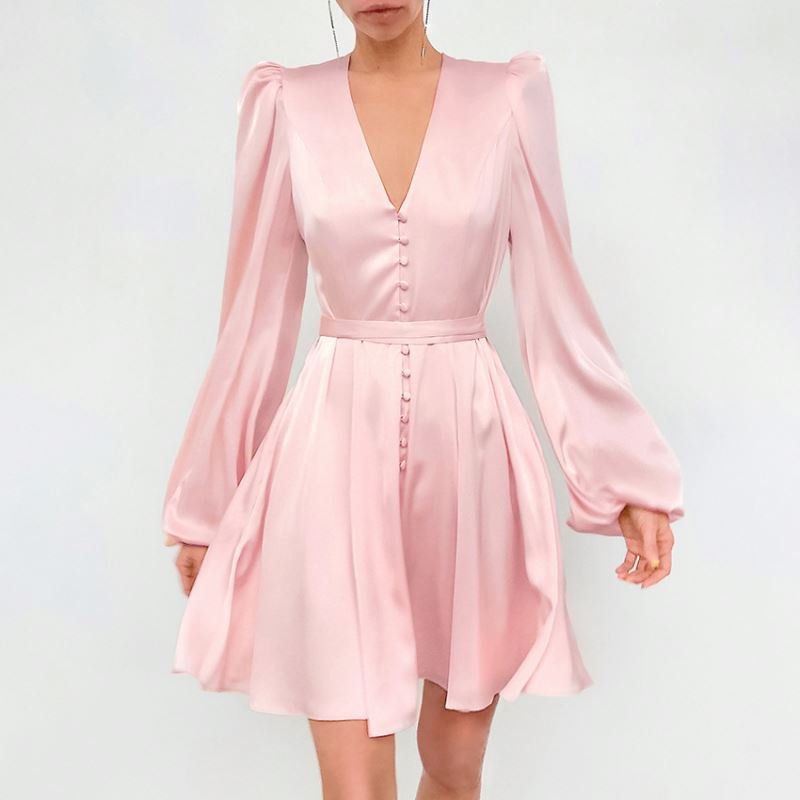 Hot Sale fashion custom long puff sleeve shiny satin A line women casual dress V neck sexy puff sleeve elegant casual dress
