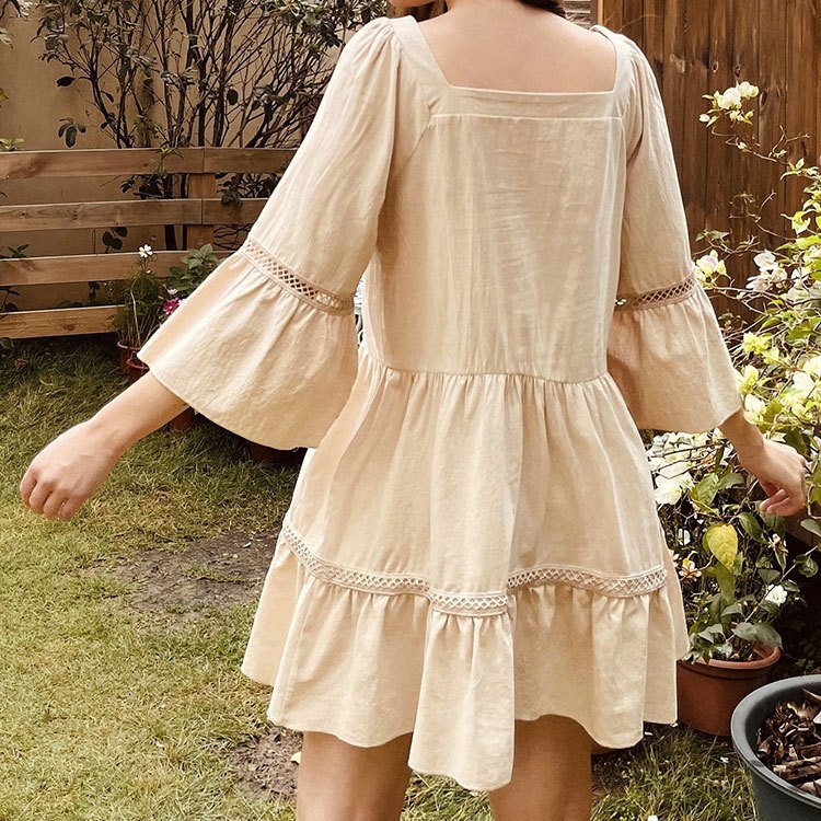 Elegant Square Neck Casual Dress Long Sleeve Stitching Hollow Out Ruffle Cotton Dresses For Ladies