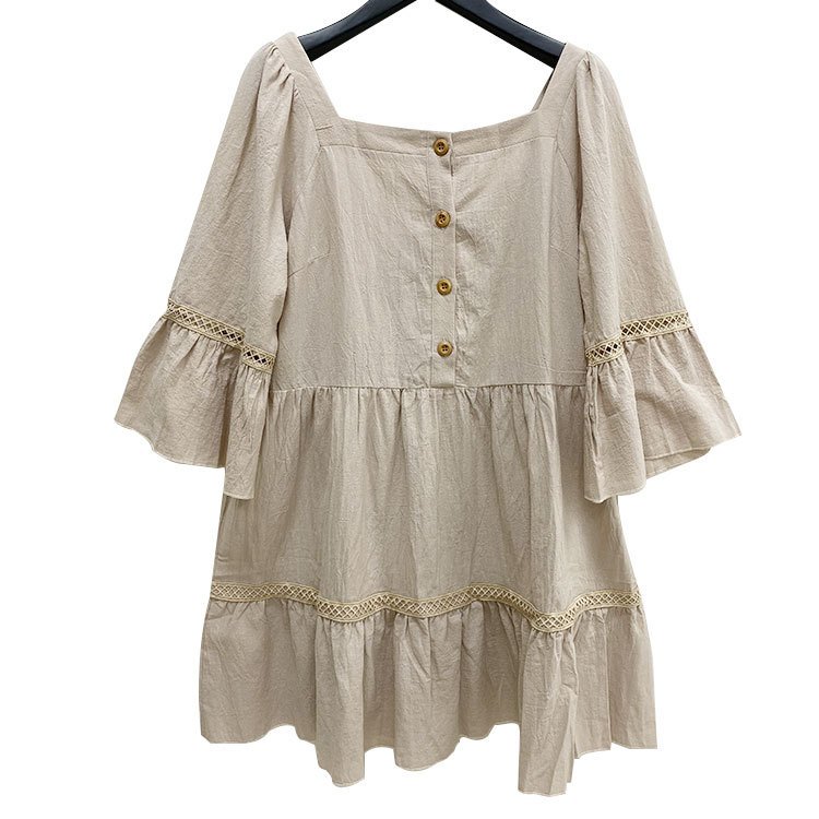 Elegant Square Neck Casual Dress Long Sleeve Stitching Hollow Out Ruffle Cotton Dresses For Ladies