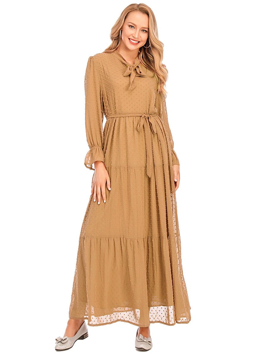 Latest fashion long sleeve islamic clothing kaftan with belt lining women muslim maix casual dress abaya