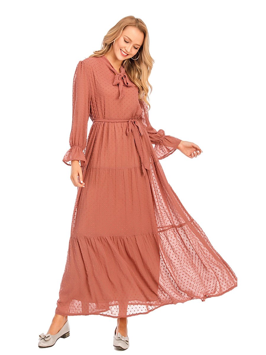 Latest fashion long sleeve islamic clothing kaftan with belt lining women muslim maix casual dress abaya