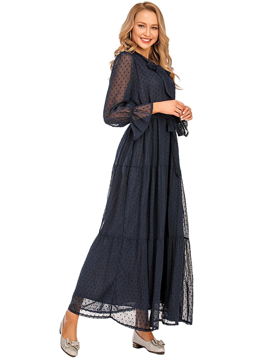 Latest fashion long sleeve islamic clothing kaftan with belt lining women muslim maix casual dress abaya