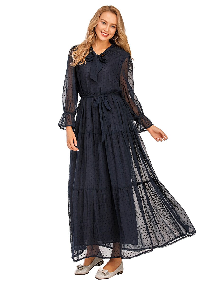 Latest fashion long sleeve islamic clothing kaftan with belt lining women muslim maix casual dress abaya