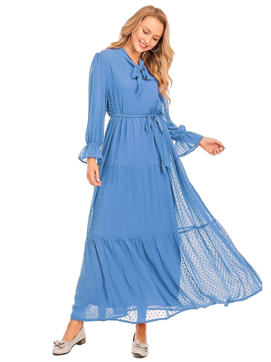 Latest fashion long sleeve islamic clothing kaftan with belt lining women muslim maix casual dress abaya
