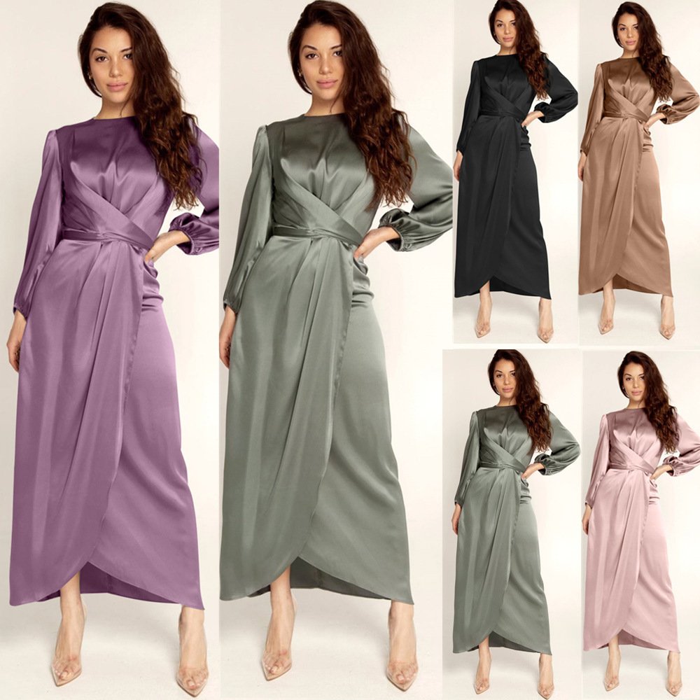 Hot selling long satin dress elegant solid Color casual dress women