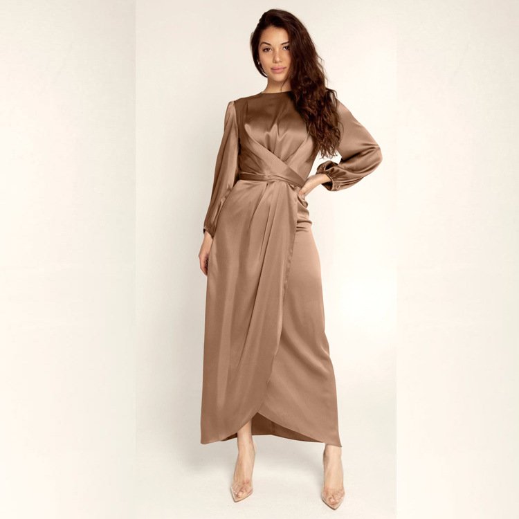 Hot selling long satin dress elegant solid Color casual dress women