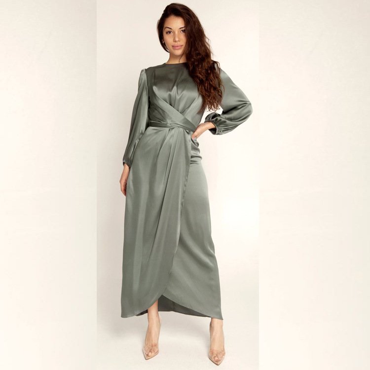 Hot selling long satin dress elegant solid Color casual dress women
