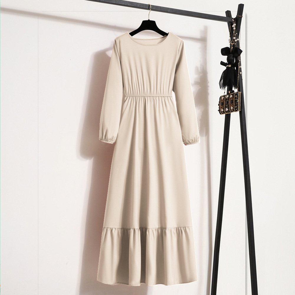 Liu Ming Fashionable Wholesale 2024 Spring Autumn Women Casual Solid Color Full Sleeve O Neck Muslim A Line Long Maxi Dresses