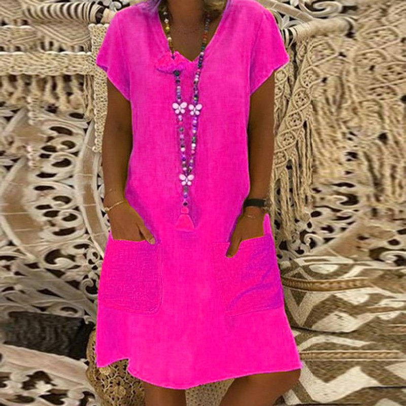 Women's Summer Casual Loose Dresses Plus Size Short Sleeve V Neck Split Midi Dress with Pockets