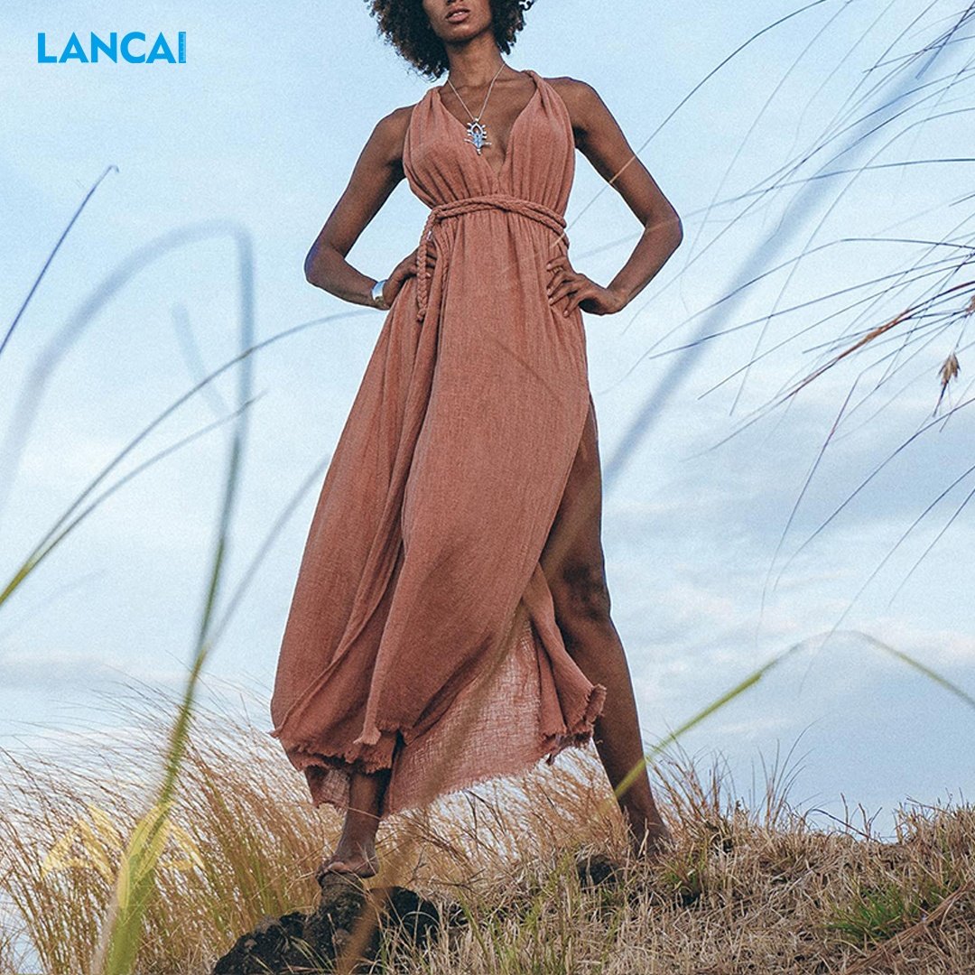 Fashion Custom Boho Sexy Deep V-neck Dress Open Back Bohemian Cotton linen Maxi Casual Dress for Women