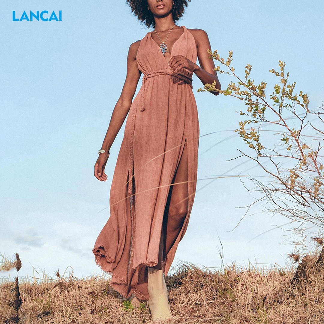 Fashion Custom Boho Sexy Deep V-neck Dress Open Back Bohemian Cotton linen Maxi Casual Dress for Women