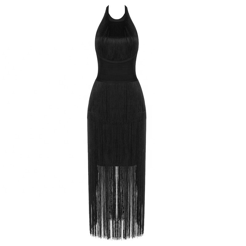 OULAIYADI New Hanging Neck Bandage Fringed Tassel Women Ladies Elegant Evening Summer Casual Dresses