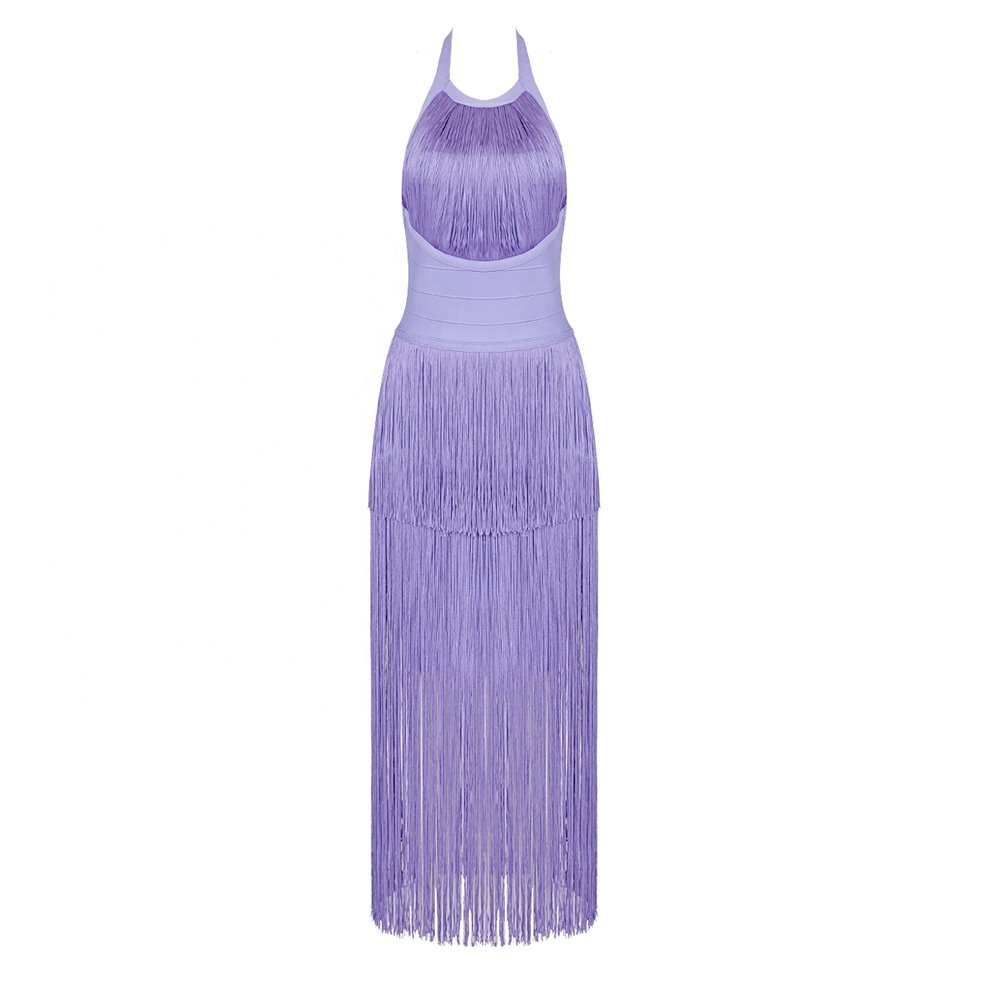 OULAIYADI New Hanging Neck Bandage Fringed Tassel Women Ladies Elegant Evening Summer Casual Dresses
