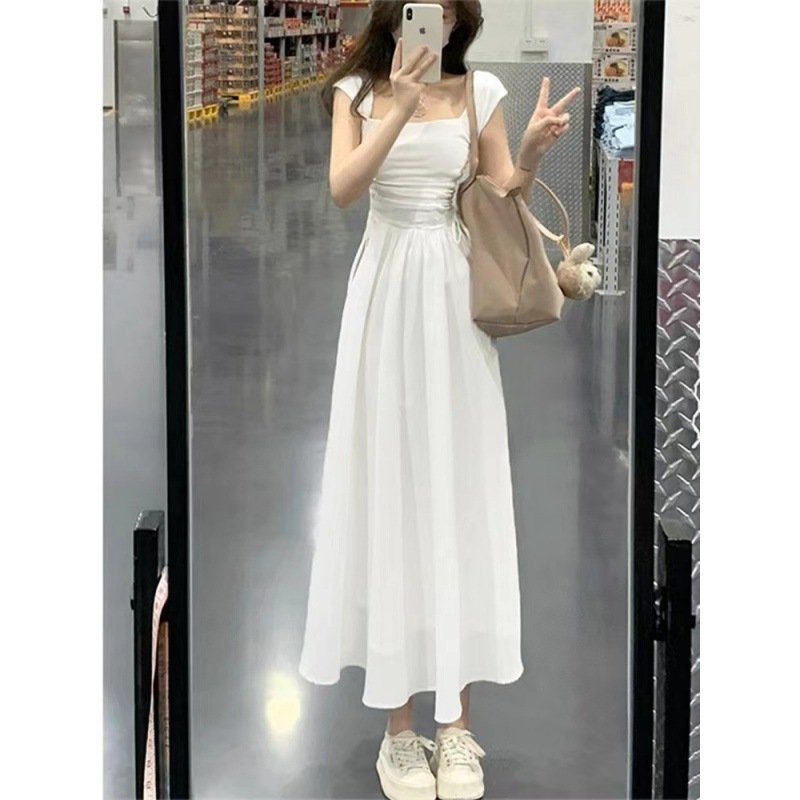 Tea Break French Square Neck Ladies Summer Sexy Dress 2023 New Elegant Pure Milk Sweet women's clothing Casual dress