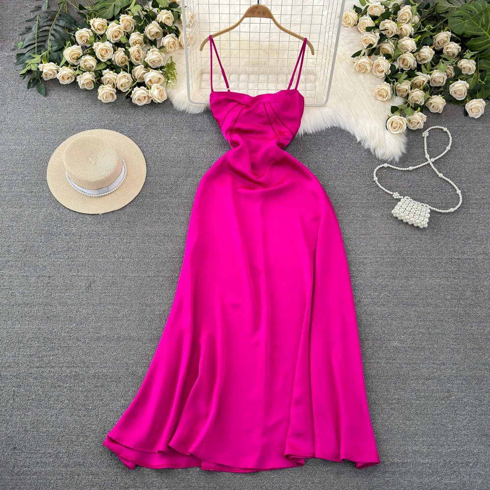 Fashion Premium Sheath a-line Rose Sleeveless Satin Sexy Gown Spaghetti Strap Dresses